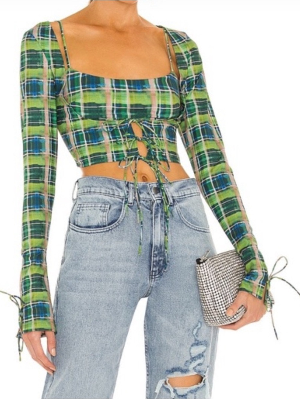 Danielle Guizio Set Bralette and Blue Green Plaid Lace-Up Long Sleeve Crop Top